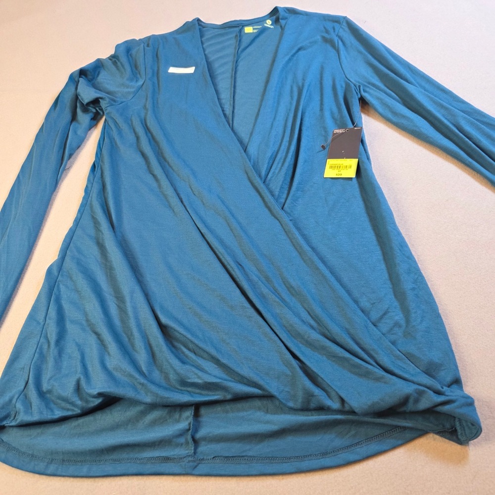 Xersion Studio Corsair Blue Relaxed Fit Long Sleeve Wrap Top Size ST NWT